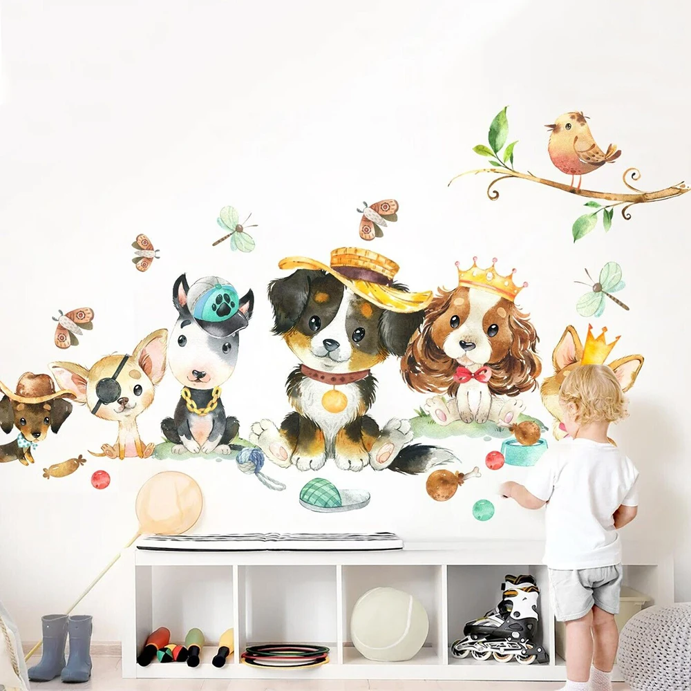 Cartoon Watercolor Cross-dressing Puppies Dogs Wall Sticker Baby Nursery Kids Room Animal Bird Wall Decal Bedroom Decor