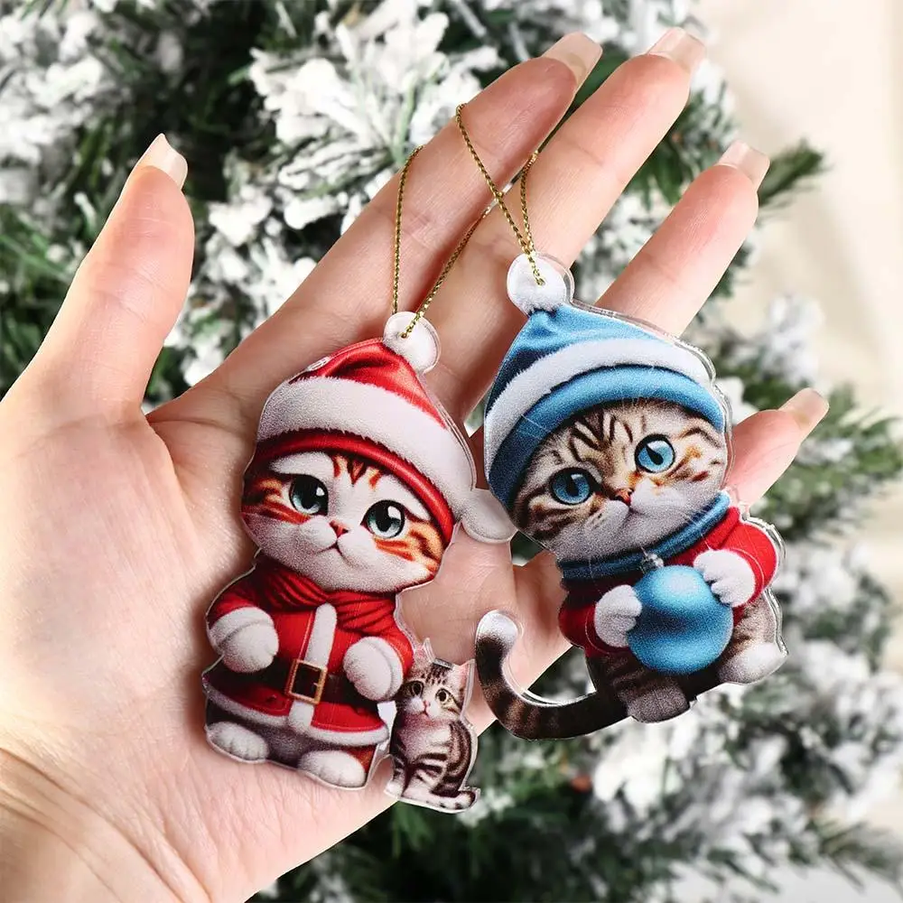 2D Christmas Cat Ornaments Decorative Acrylic Christmas Tree Hanging Pendant Hanging 8cm Cat Hanging Decoration Xmas