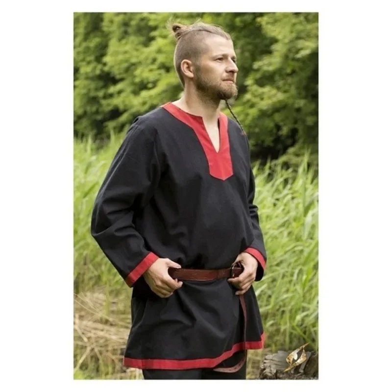 Halloween Men Shirt Medieval Vikings Pirate Cosplay Costume Long Sleeve Loose Robe Celtics Tunic Warrior Knight Top Saxon Blouse