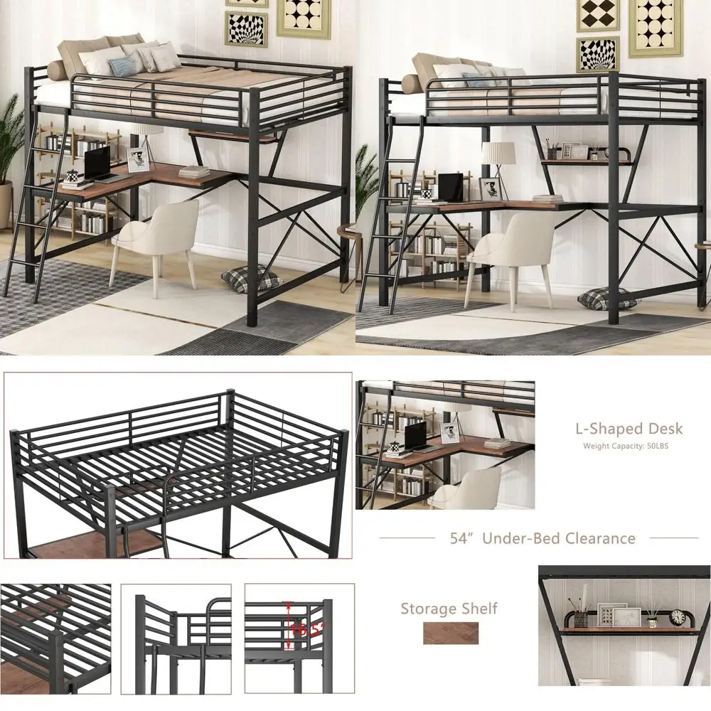 "full-size Loft Bed with Desk, Storage Shelf, and Guardrail for Kids and Teens"