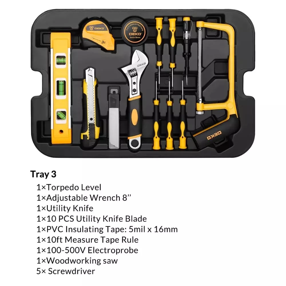 DEKO edc 258pcs tool set with three-layer rolling  tool box  hand tool kit storage box  glue gun socket wrench screwdriver