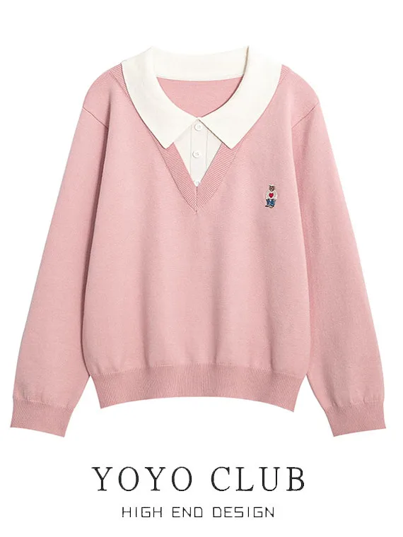 

Loose Long Sve Knitted Sweater Women's Autumn Winter Casual Sle Fake Two-Piece Color Blo Inner Wear plus Size Sister