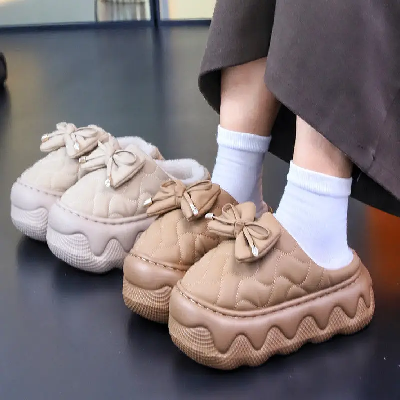 Thick High Heels 6cm Bow Slippers Female PU leather Fur Slides Woman Butterfly-know Plush Clogs 2025 Women's home slippers