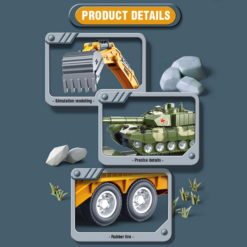 Kids Toys Excavator Tank Model Semi-Carrier Container Engineering Set Vehicle Transport Truck Inertial Car Collection Boys Gift