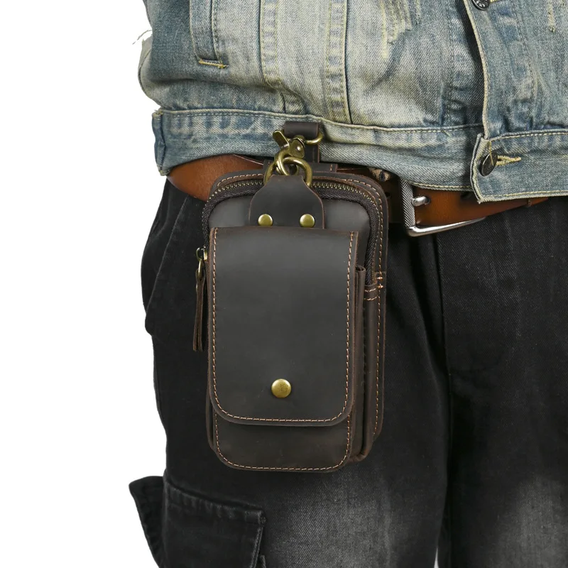 

Crazy Horse Leather Men Waist Bag Genuine Leather Retro Casual Phone Bag Top Grain Cowhide Belt Pouch