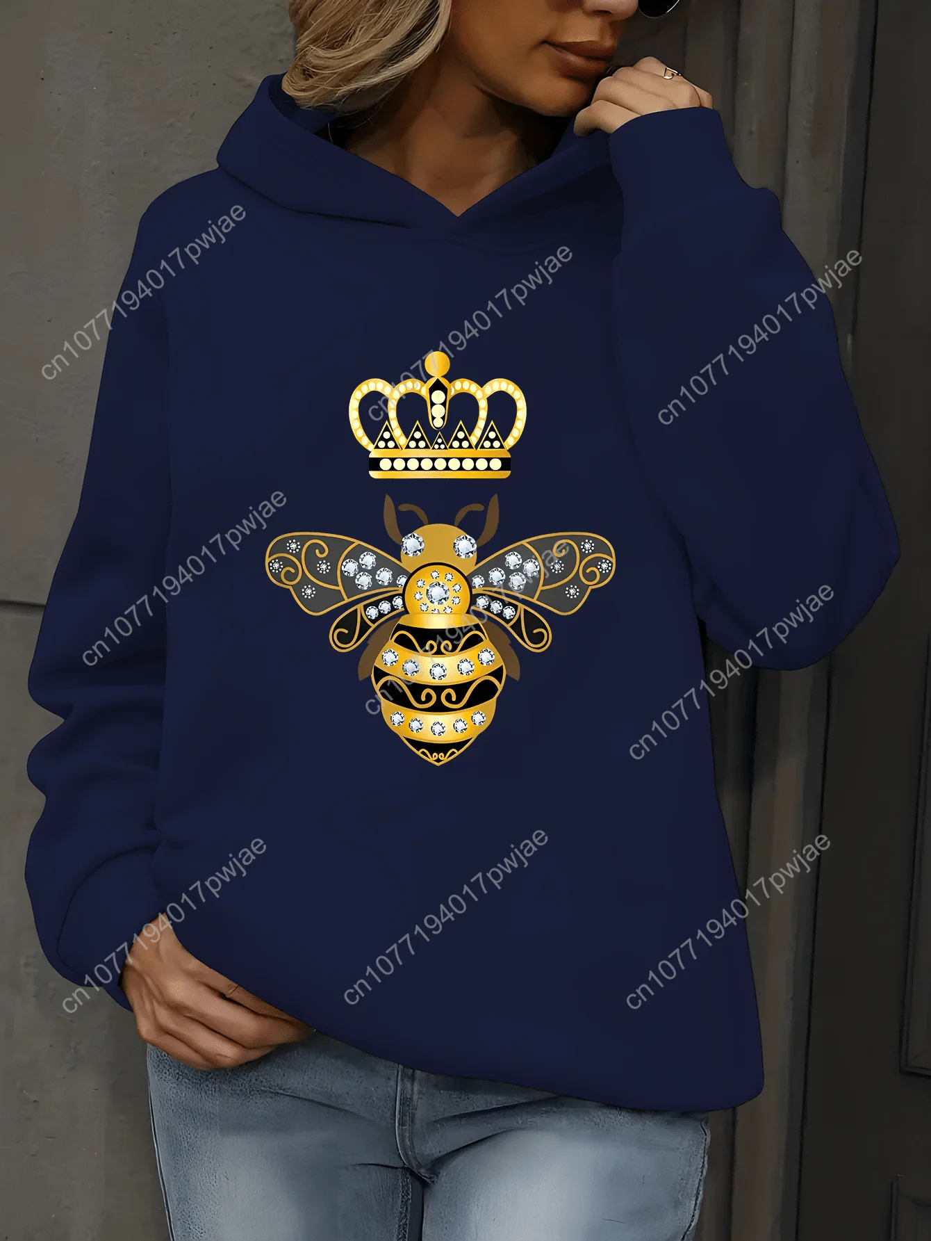 Moletom com capuz com estampa de abelha e coroa, moletom casual de manga comprida para outono e inverno, roupas femininas