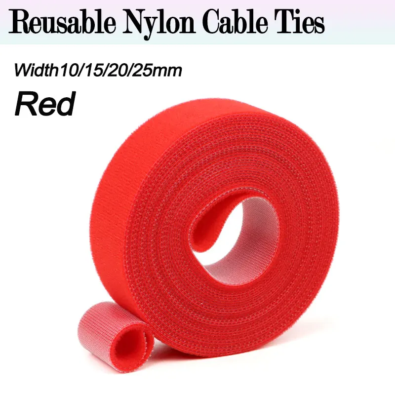 1/5Rolls 5M Red Reusable Cable Ties Width10/15/20/25mm Double Side Hook and Loop Fastening Straps Cable Wire Management Tape