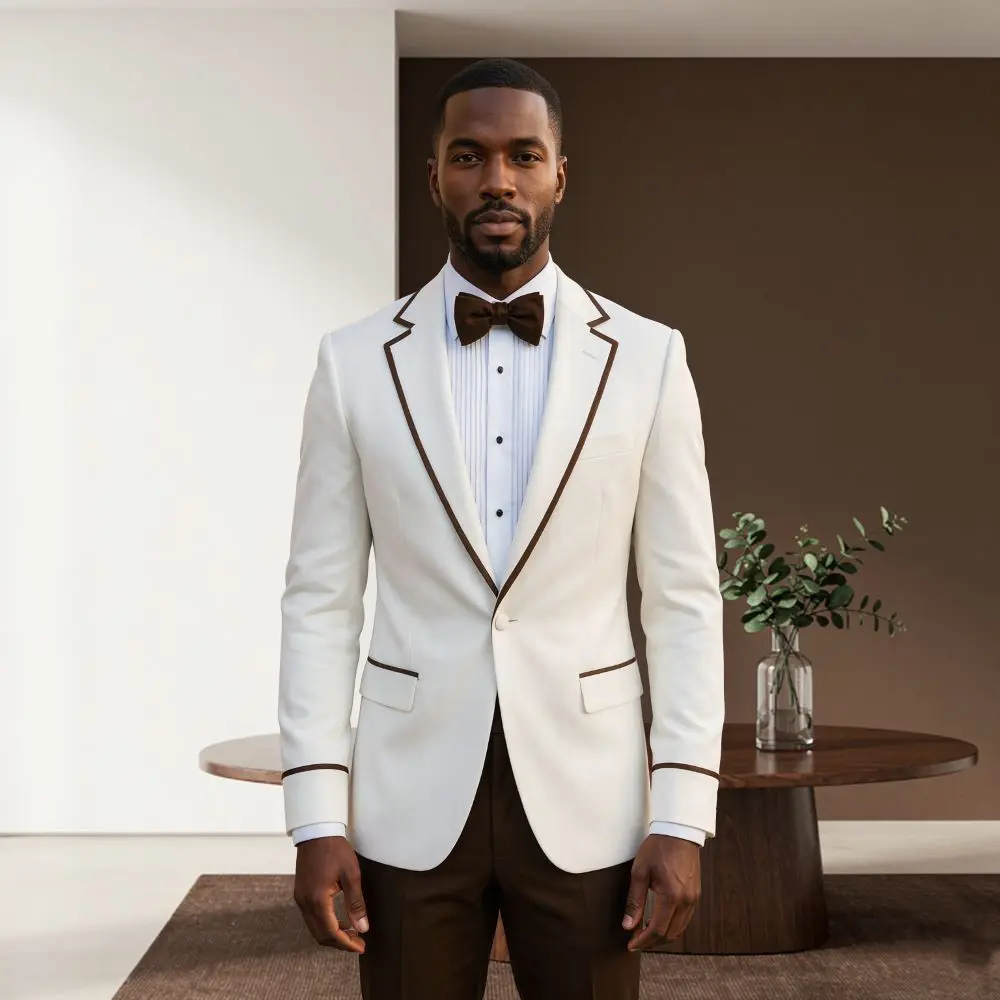 Formal White Men Wedding Groom Suits Notch Lapel Contrast Piping Slim Fit Prom Party Ceremony Banquet Special Occasions Style
