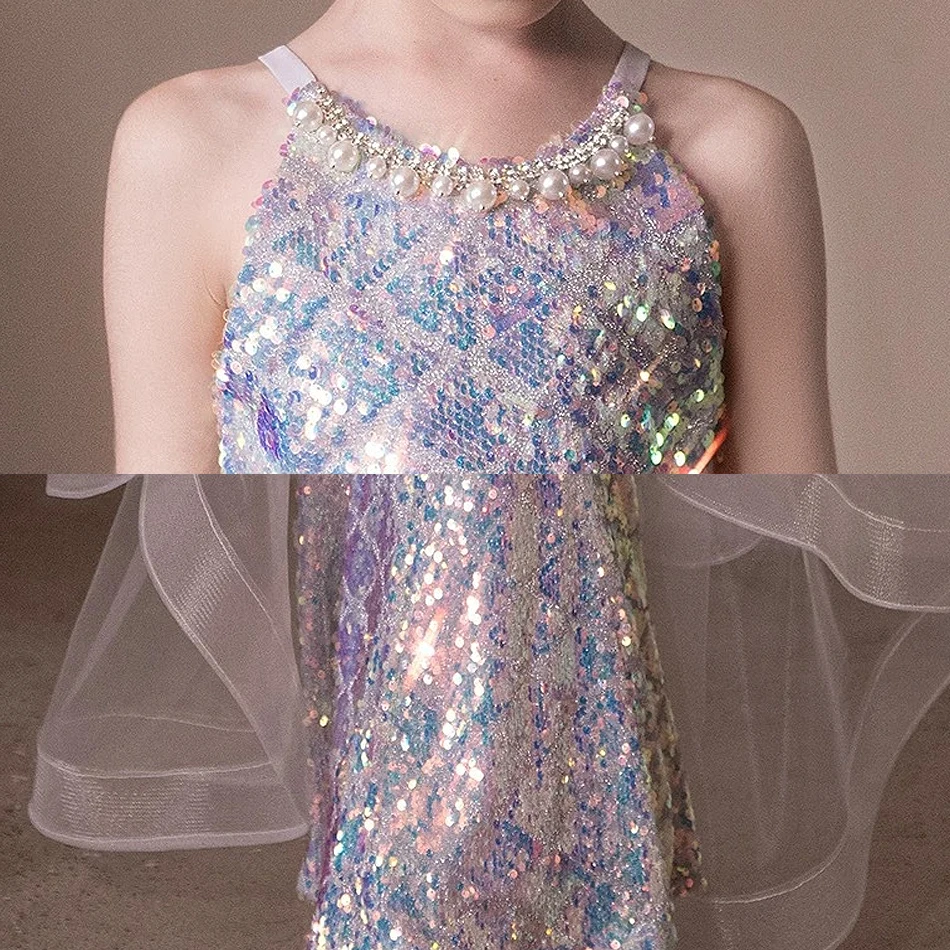 Girls Mermaid Sequin Evening Gown Kids Birthday Party Frocks Children Performance Host Fashion Show Luxury Shiny Fishtail Dress