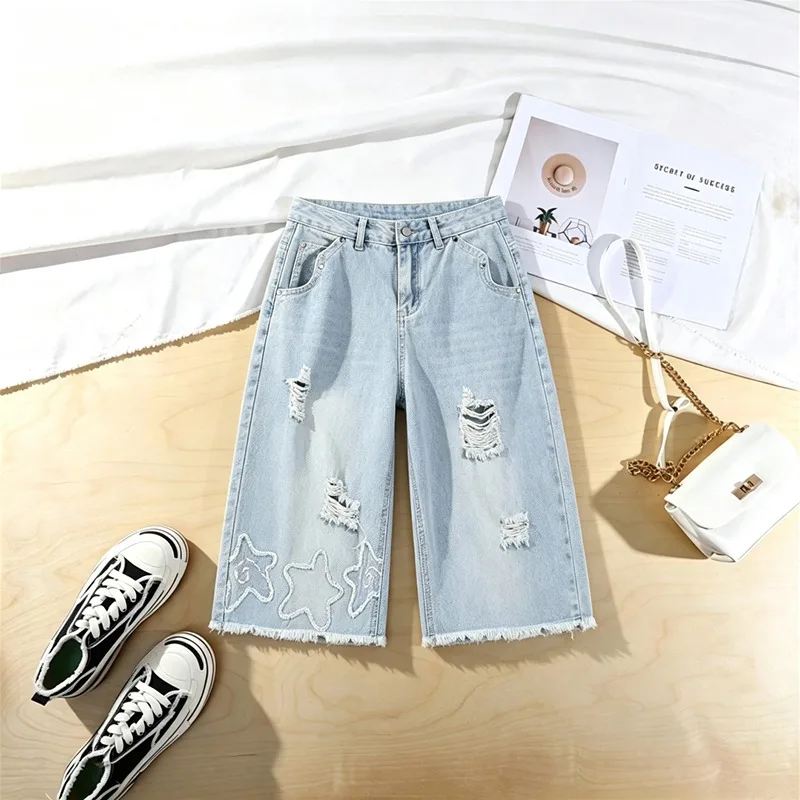 Women New Vintage Distressed Ripped Fringe Trendy Loose Casual Straight Cropped Seven Points Denim Jeans