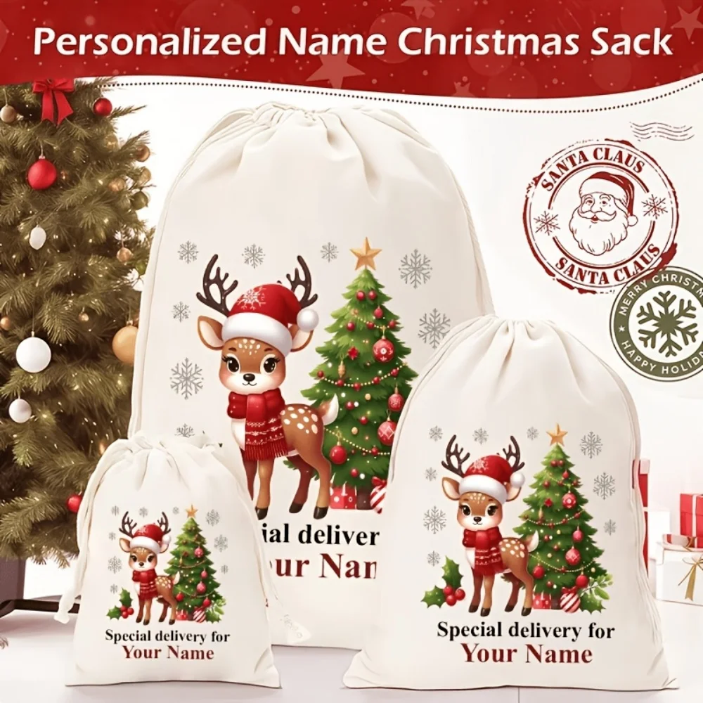 1Pc Custom Name/Text Christmas Imitation Hemp Gift Bag, Xmas Tree Reindeer Theme Drawstring Closure Storage Bags,Party Candy Bag