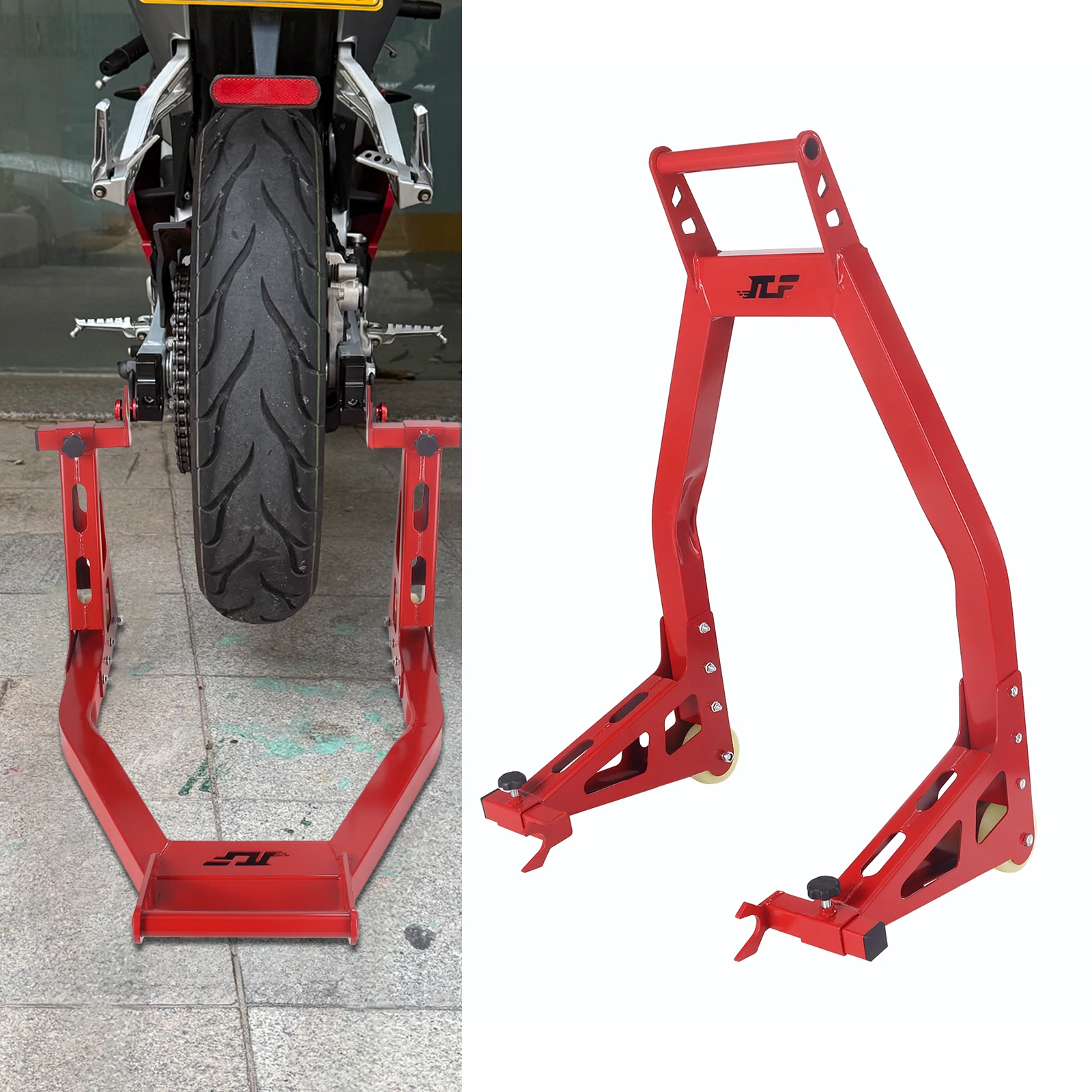 Schwarz/Rot Motorradständer Kombi-Hebeständer für Vorder- und Hinterrad, Doppelgabelständer, U+L-Gabel-Schwingarm-Spulenständer