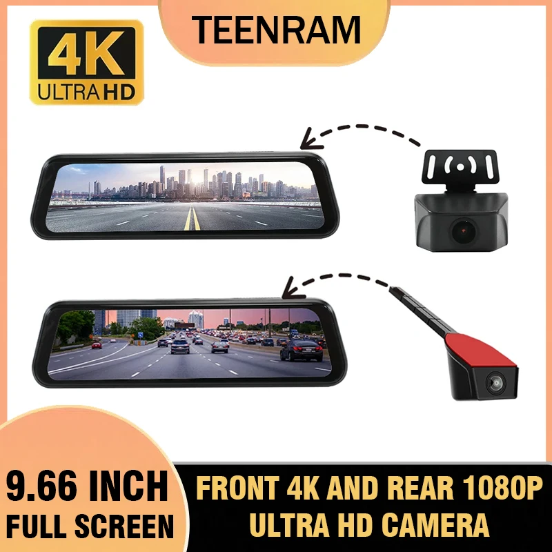 TEENRAM 4K Front View Camera 1080P Rear View Parking Camera 9.66inch IPS Touch Full Screen RearView Mirror Monitor Car Moinitor