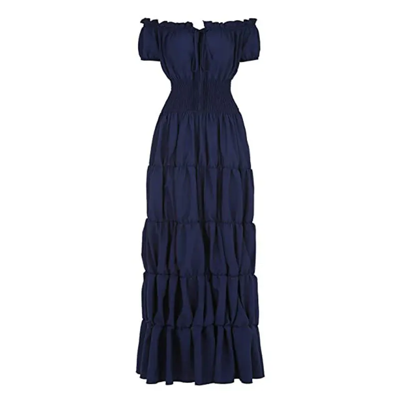 Elegant Medieval Renaissance Dress Boho Short Sleeves Off Shoulder Smocked Waist Retro Pleated Long Dress Costume Gown