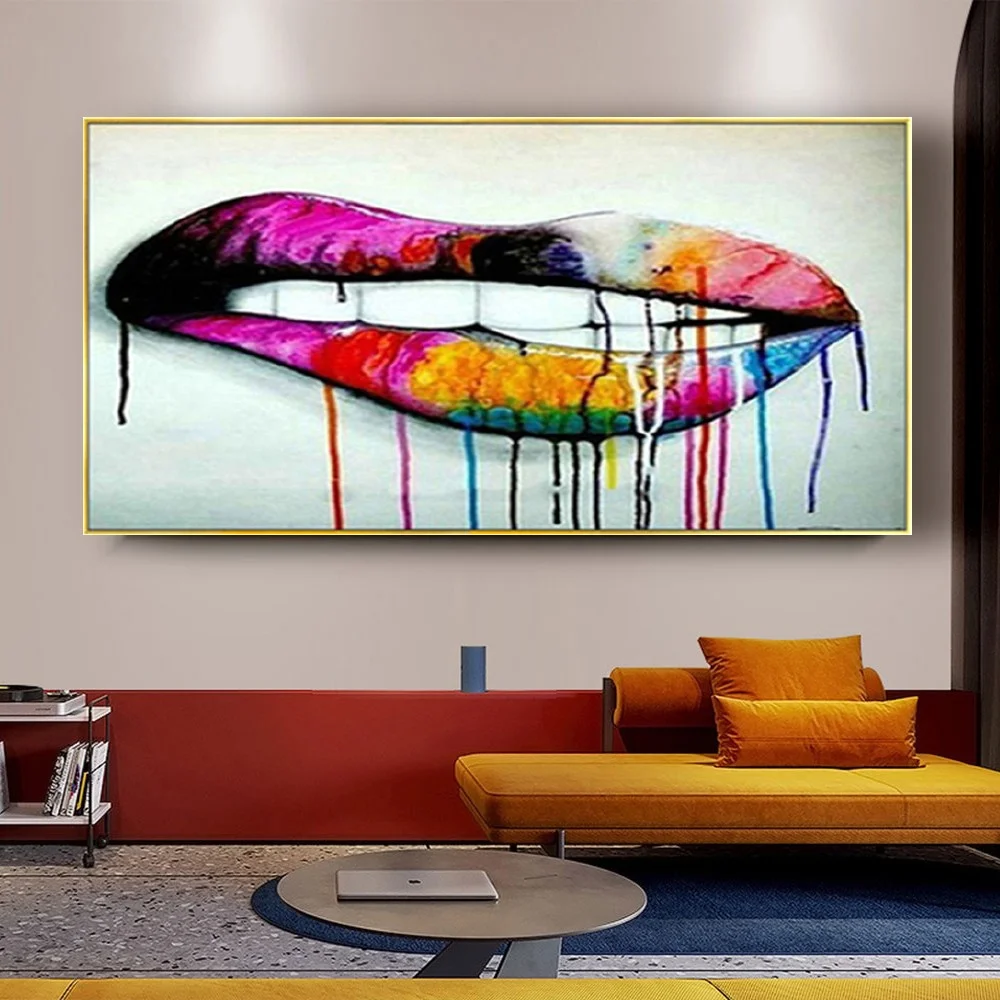 

Color Pattern Handmade Canvas Oil Painting Modern Face Wall Art Mouth Pictures Home Decor Poster For Living Room Mural Artwork