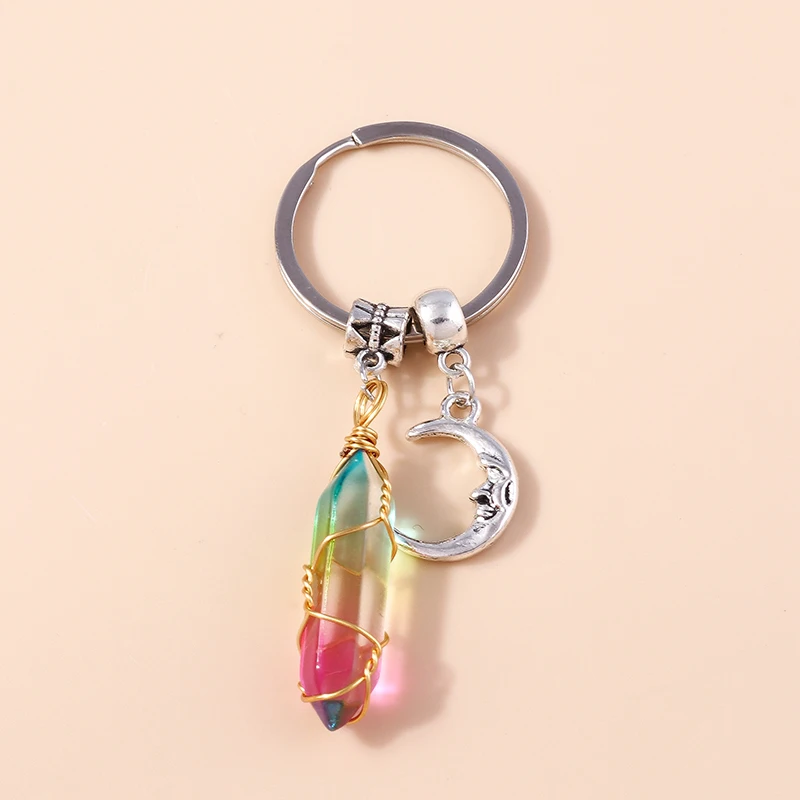 Natürliche sechseckige Säule Stein Schlüsselanhänger Frauen Männer Quarz Opal Kristall Schlüsselanhänger Auge Fatima Hand Sonne Mond Schmuck Party Geschenke – Detail 12