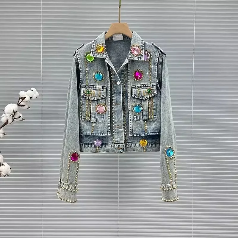 

Heavy Work Beaded Rivet Diamond Women Light Blue Denim Jacket Casual Short Jeans Jacket Female Spring Clothes Streetwear Fashion