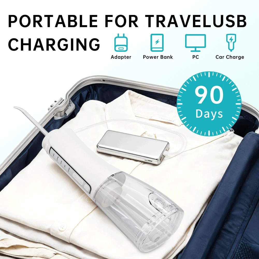 Portable Oral Irrigator 4 Modes Teeth Cleaner Dental Water Flosser Rechargeable 300ml Tank Water Jet Floss Tooth Pick 5 Jet Tip