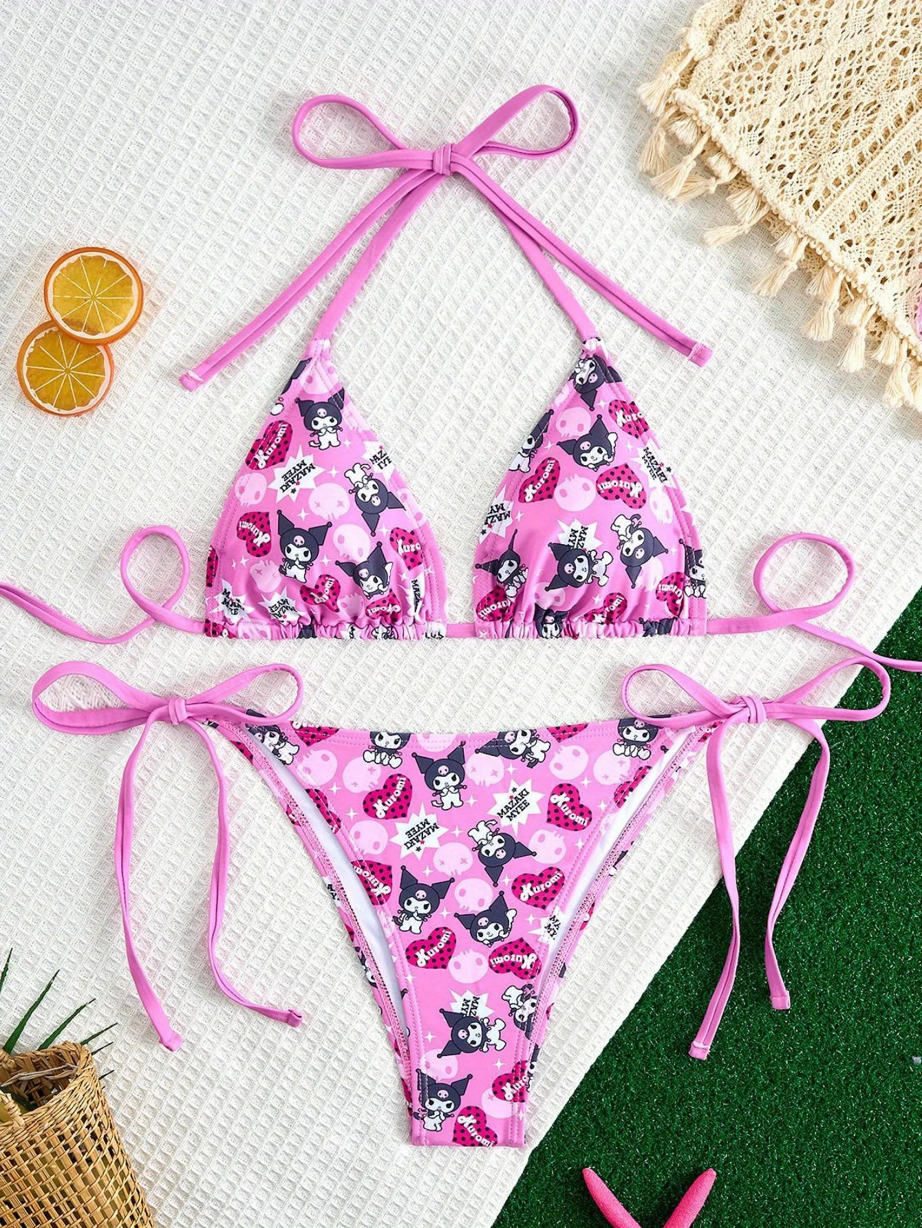 

Комплект бикини с принтом Y2K Kuromi, женский розовый милый купальник из двух частей в стиле Харадзюку, пляжный купальный костюм