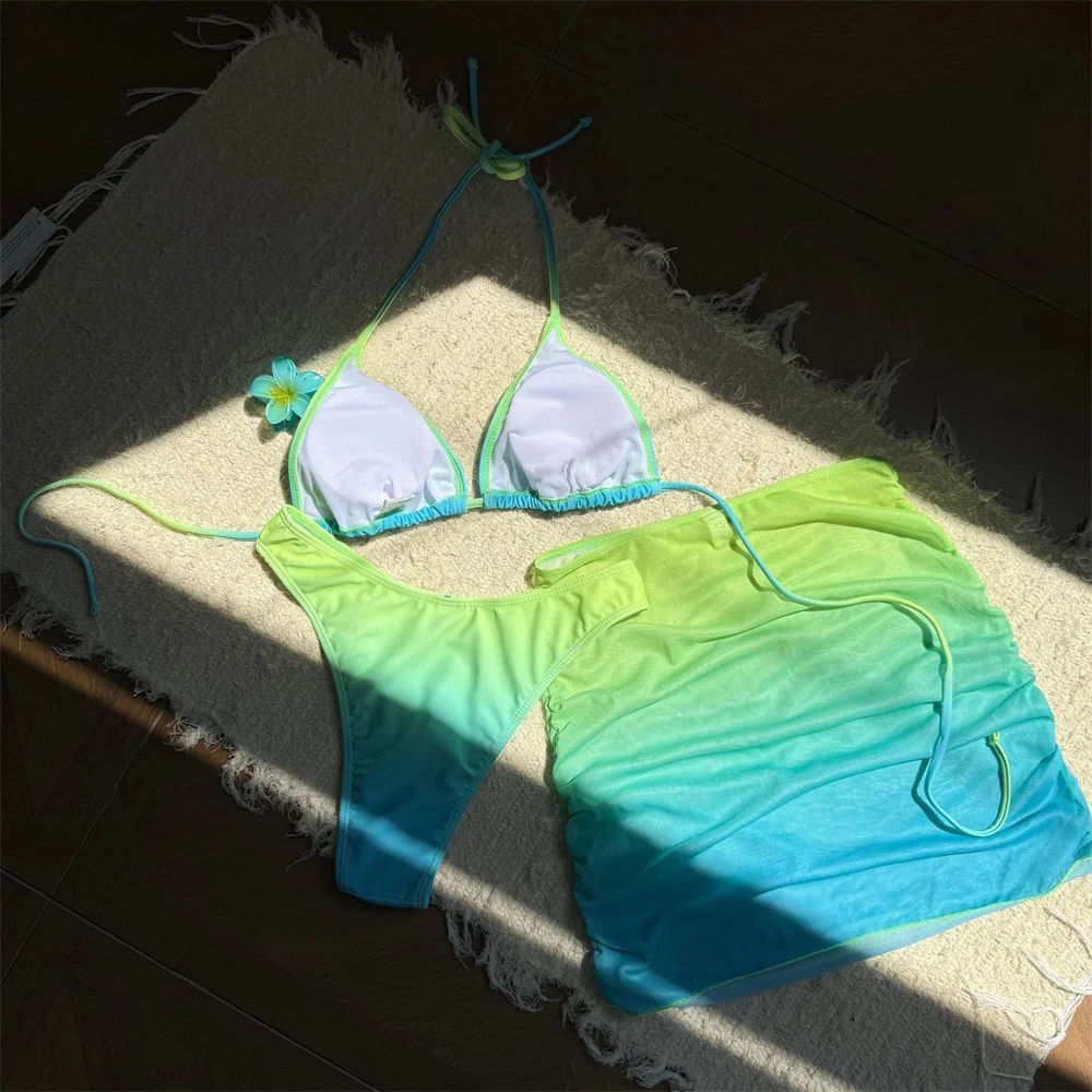 Seksowny gradientowy zestaw bikini z siateczkową spódniczką, strój kąpielowy Y2K z odkrytymi plecami, bikini na ramiączkach, strój plażowy dla kobiet na wakacje, stringi kąpielowe.