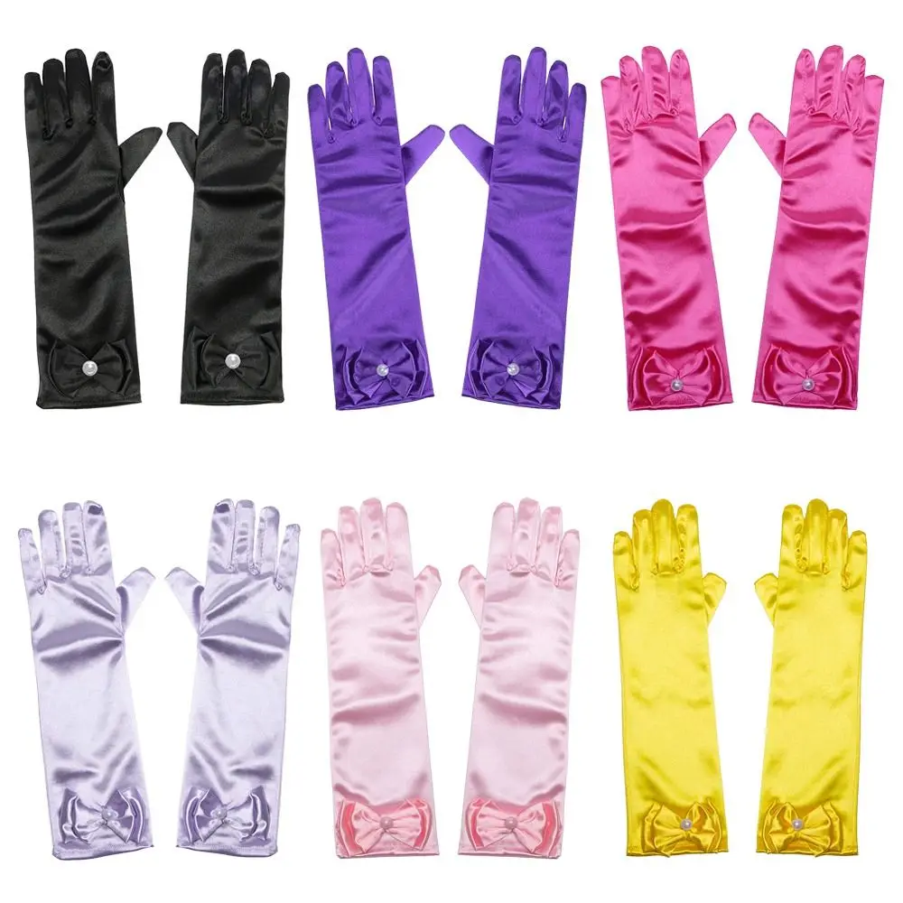 Children Long Gloves Princess Dance Performance Stage Gloves Satin Sequins Bow Glove Solid Full Finger Mittens Birthday Gifts