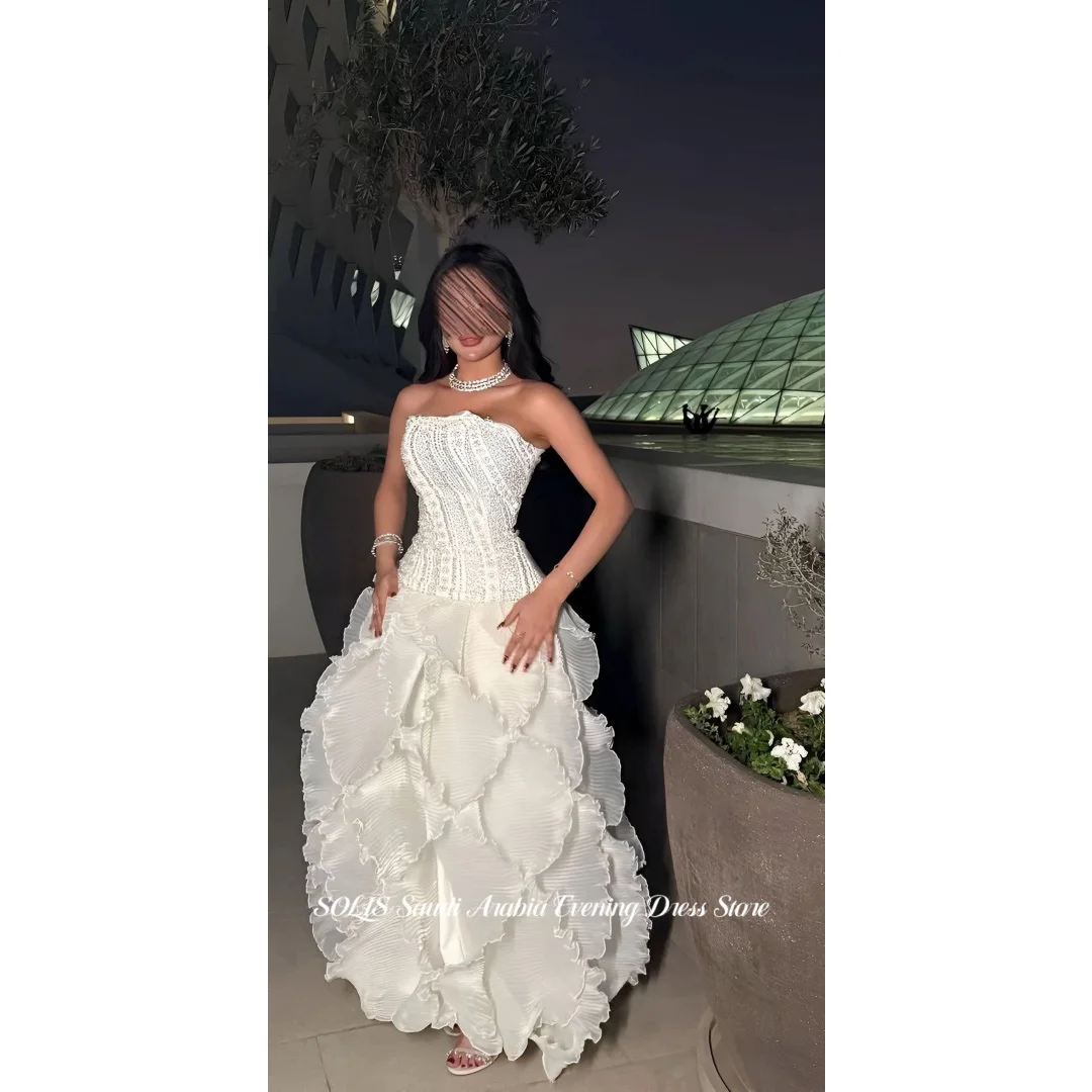 

SOLIS Luxury White Prom Dress Strapless Beaded Corset Ruffle Layered Ball Gown Floor Length Formal Evening Gown Customized