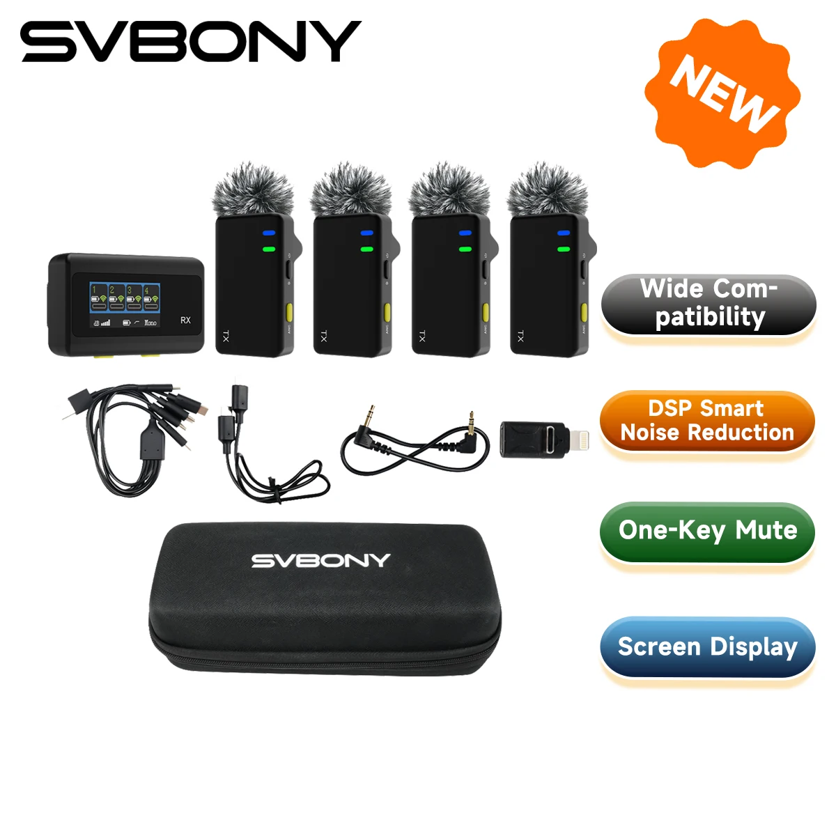 

SVBONY SVMic D4 Wireless Microphone System DSP Noise Reduction with Screen Display Safe Track for Multi-Person Recording