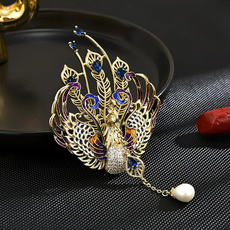 

CHKAWOCI Niche Design Colorful Phoenix Brooch Women's natural pearl fringe pendant corsage Luxury dinner wedding accessories