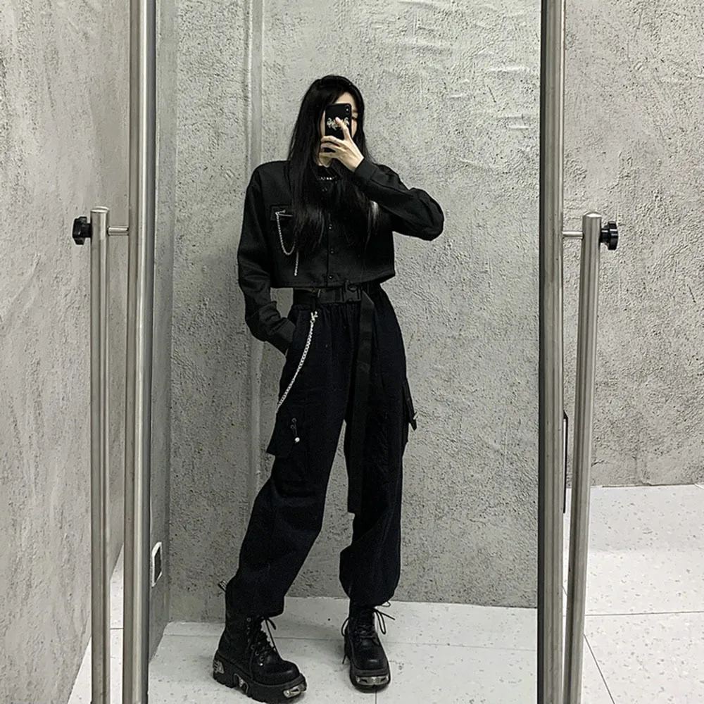 Spring Autumn Two Piece Set For Women Fashion High Waist Cargo Pants Women + Streetwear BF Kpop Cool Crop Jacket Chic Trendy New