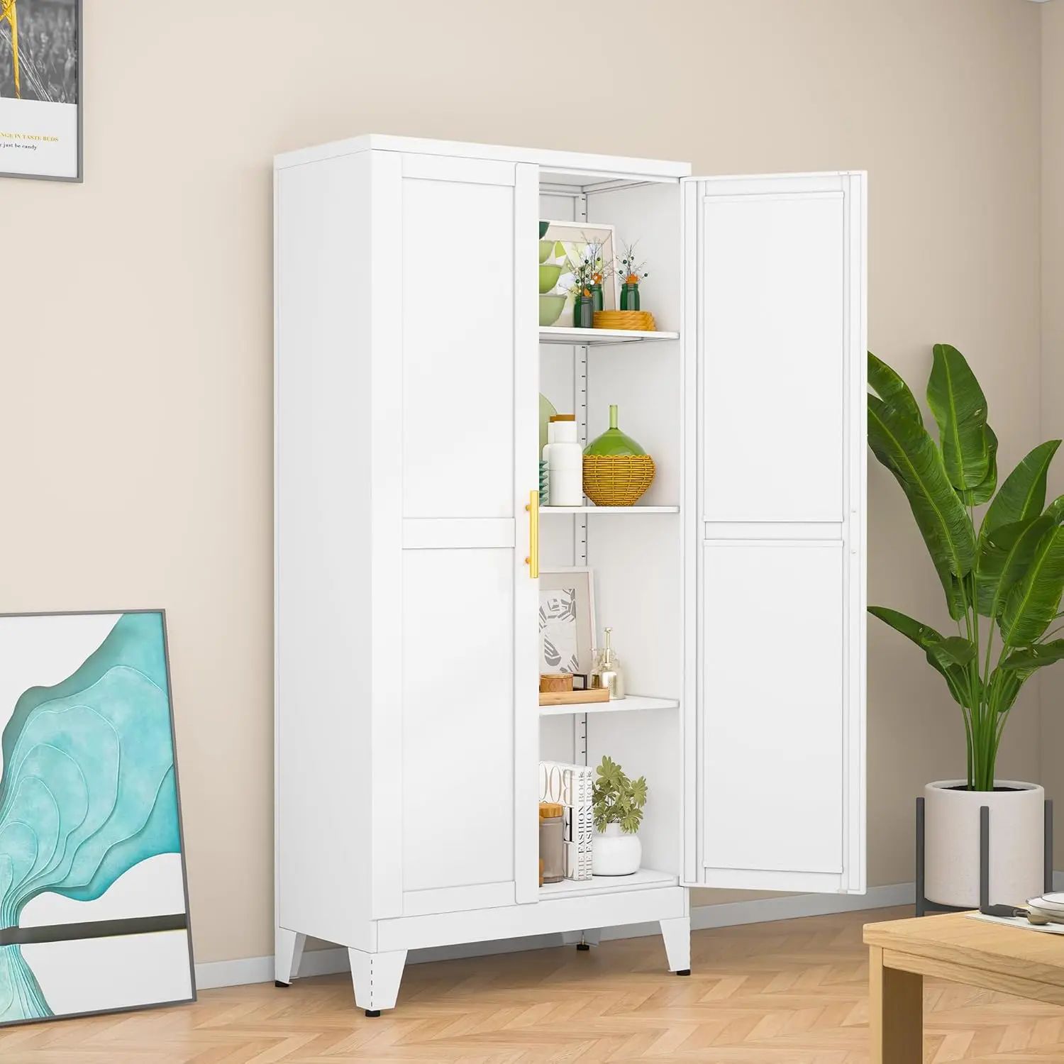 

White Metal Storage Cabinet 48" Steel Cabinets for Home Office Kitchen Pantry Storage Cabinet with Doors and 3 Adjustable Shelve