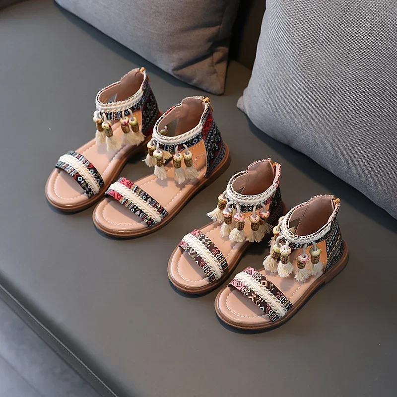 Girls Gladiator Sandals Princess Sweet Kids Beach Shoes Kids Summer Retro Ethnic Traditional Sandals with Tassels Soft Back Zip