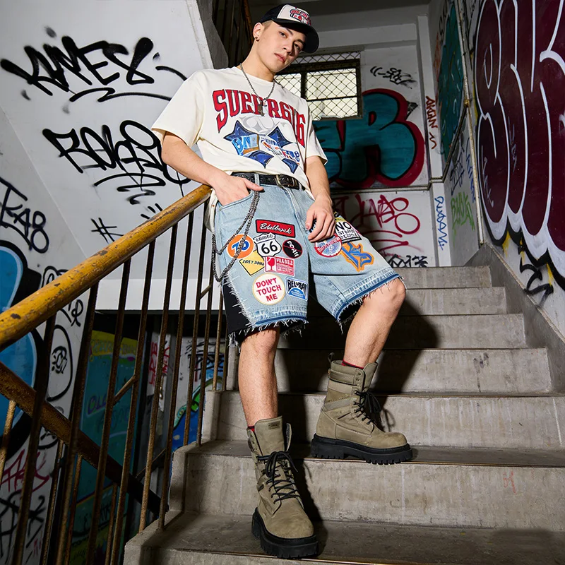 

Y2K Hip Hop Retro Streetwear Jeans Men Women Patchwork Denim Short Cartoon Graphics Loose Fit Sweatpants Fashion Harajuku Casual