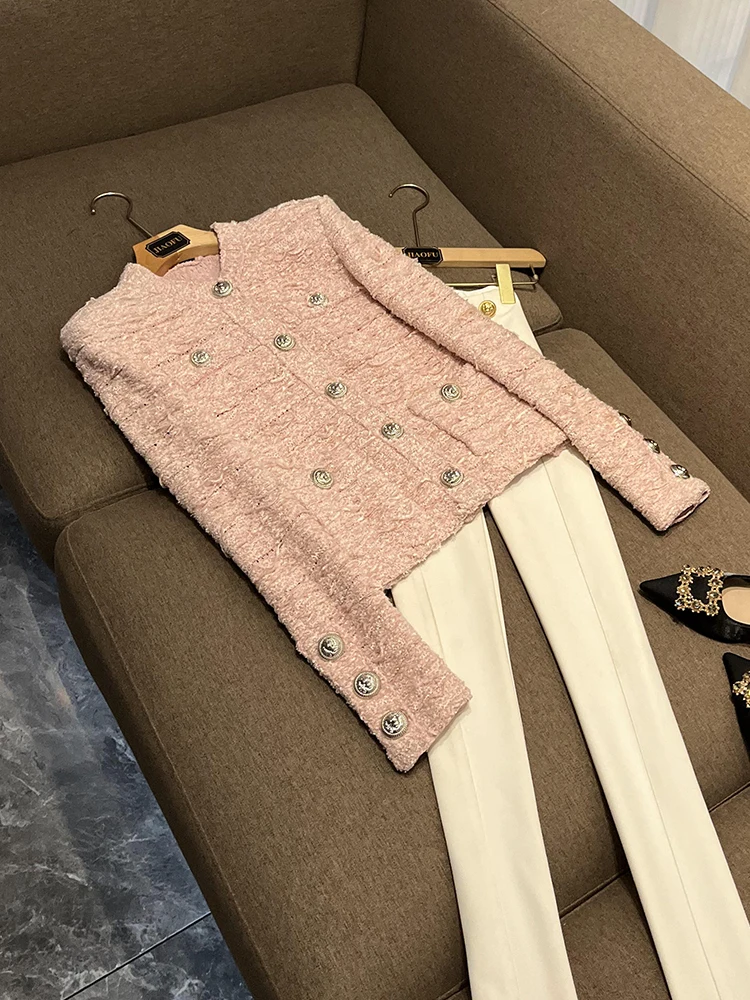 

Faionable round Ne Open Cardigan Long Sve Metal Button Commute Women's Sweater Street Sle Winter Collection JF-