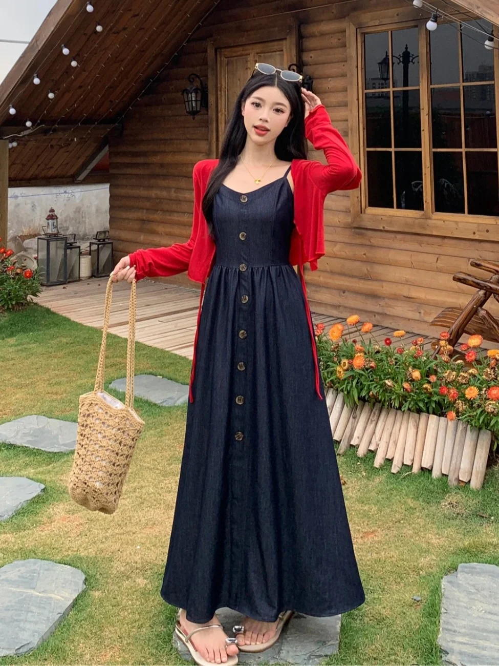 

plus Size Red Knitted Cardigan And Dress Two-Piece Set Vintage Style Summer Outfit for plus Size Women High Waist A-Line Skirt