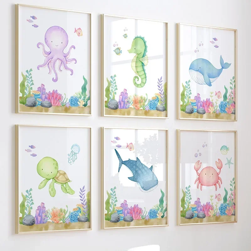 Multi-size 1PC frameless high-definition decorative paintings,Octopus Seahorse Whale Shark Turtle Crab Nordic Nursery Wall Art P