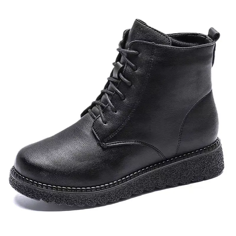 Women Winter New Flat sole Lace Up Ankle Cotton Boot Soft sole Round Toe High Top Plush Keep Warm Big Size Outdoor Work Boots