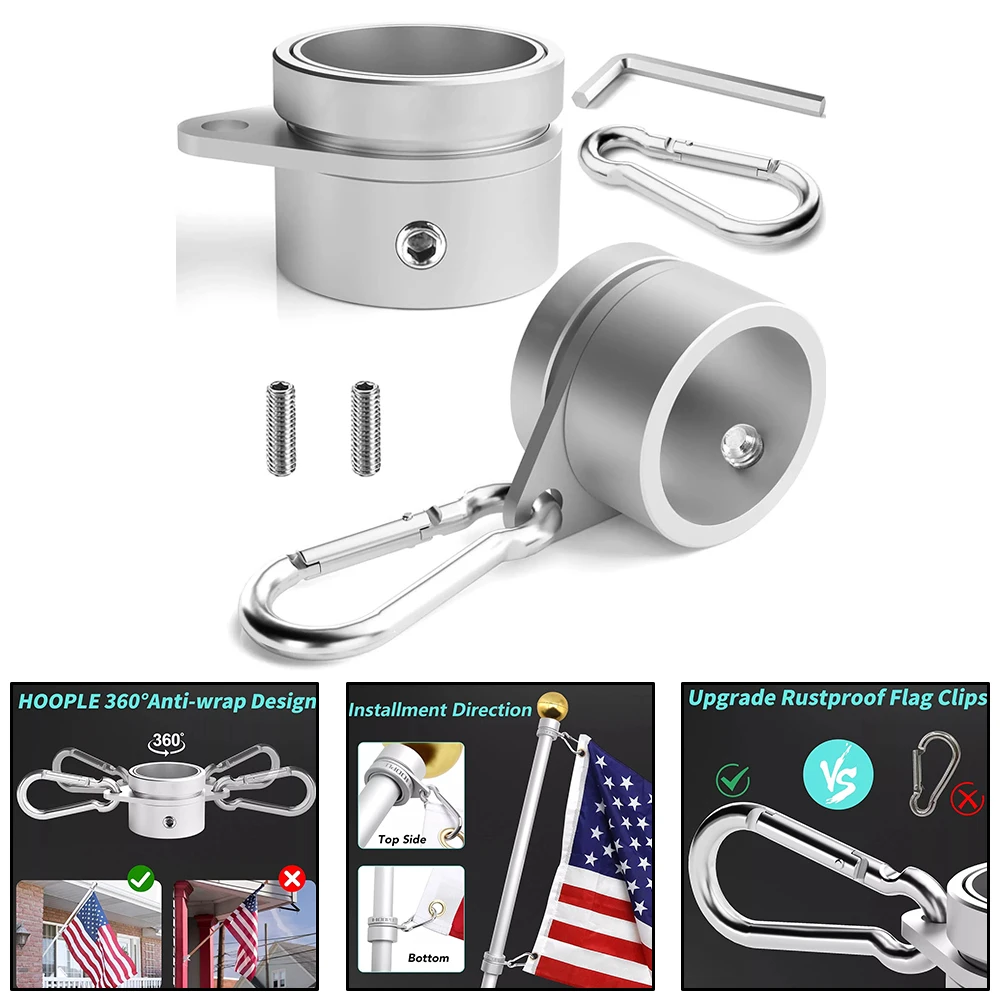 2pcs Aluminum Flag Pole Rings 360 Degree Rotating Flagpole Flag Mounting Rings With Carabiners AntiWrap For 0.75-1.02 Inches