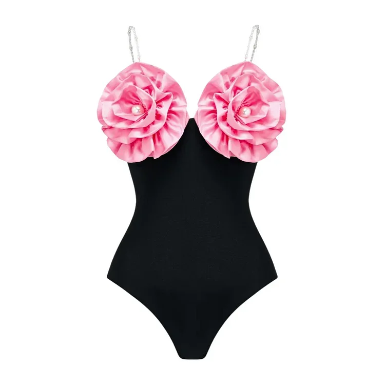 2023 Vintage 3D Flower Detachable Pearl Strap One Piece Swimsuit and Skirt Women Beachwear  woman Swimwear  Luxury Bathing Suit