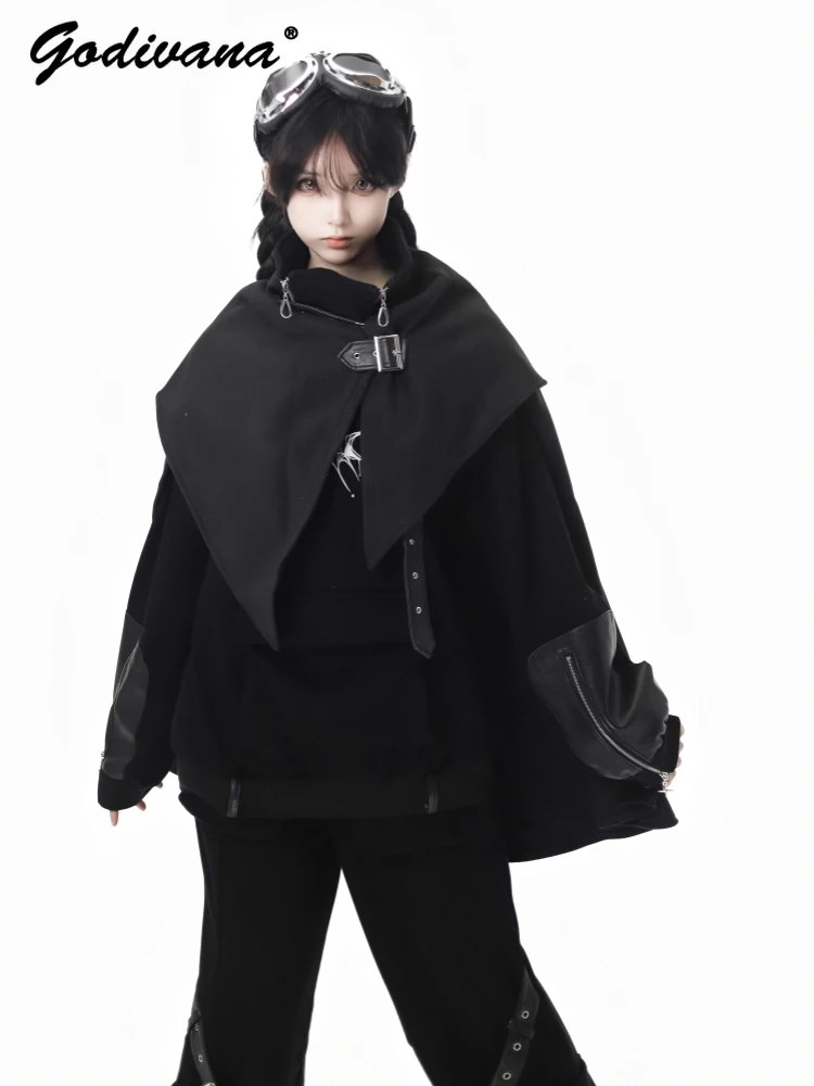 Functional Deconstruction Long and Short Fleece Hoodie Top Cool Woolen Shawl Poncho Halloween Female Fleece Skirt and Pants Set