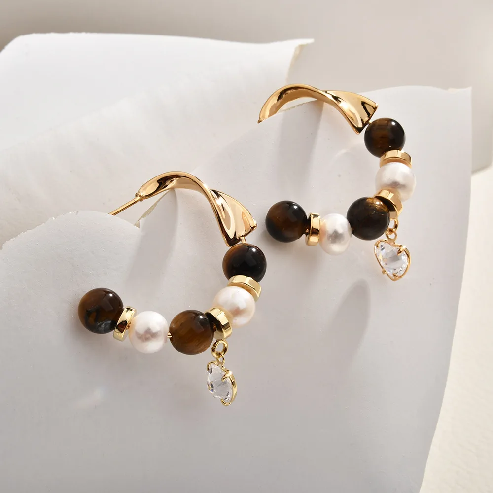 

French maillard gold-plated earrings tiger eye pearl zircon heart pendant vintage jewelry for cafe sunset and stained glass glow