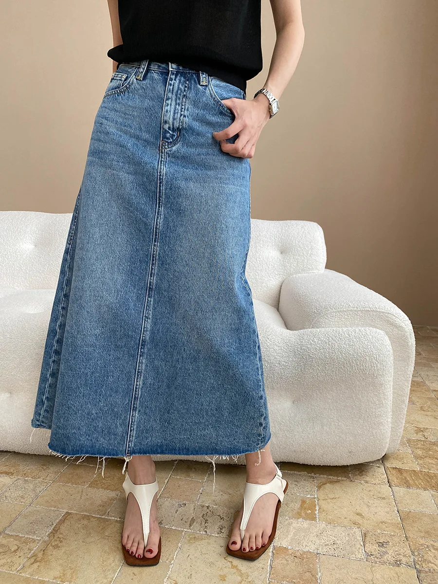 

Spring and summer women's casual solid color high waisted denim skirt