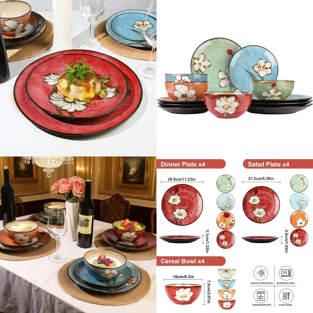 

12-Piece Kiln-Fired Glazed Ceramic Dinnerware Set, Dishes for 4, Resistant to Chips and Cracks, Modern Plate Set, Dishwasher and