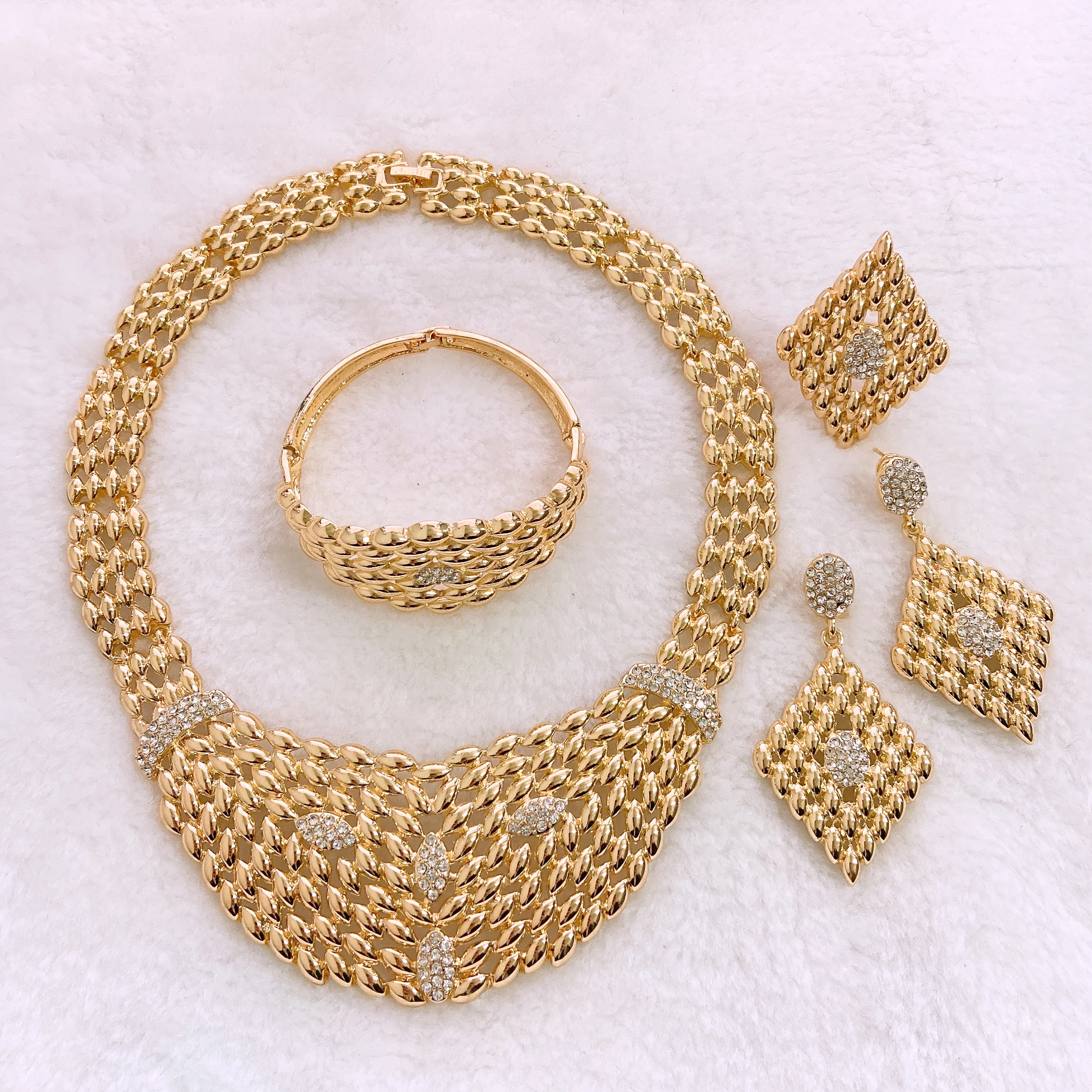 

Fashion Accessories 24K Gold Necklace Earrings Bangle Ring Women Complete Jewelry Set