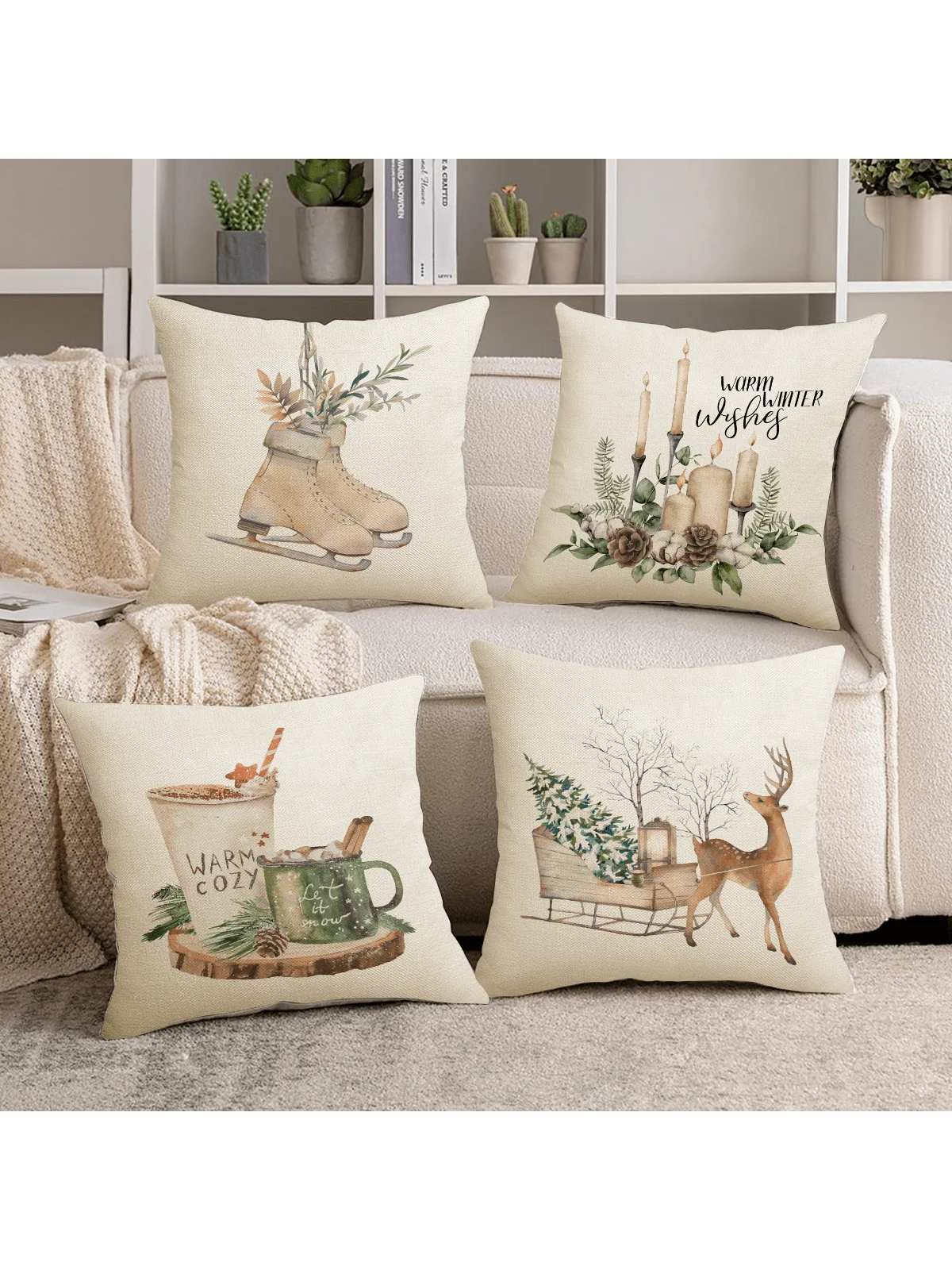 Christmas Ski Boots Sleigh Deer Throw Pillow Cover, Linen Blend Warm Winter Blessings Decorative Pillow Cover, Merry Christmas