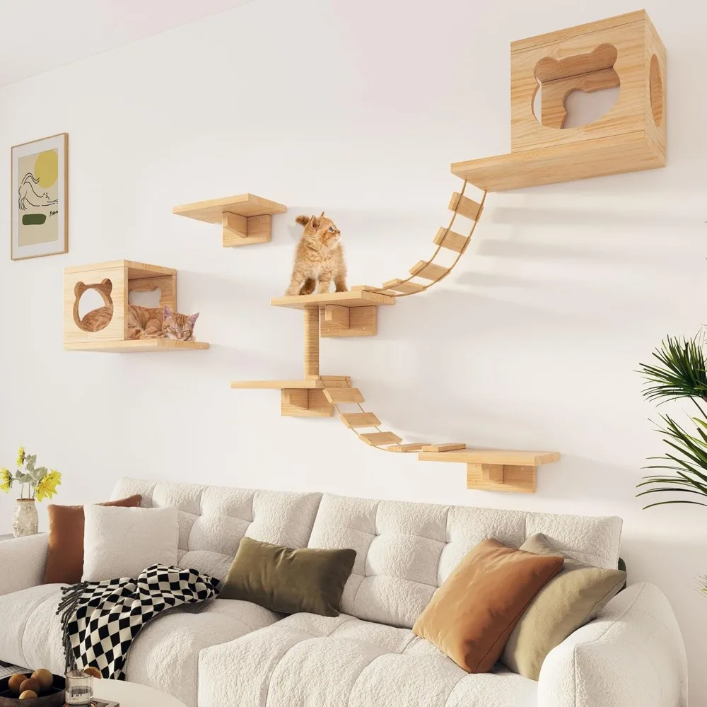 

High quality Pine Wooden Cat Wall Furniture Climbing Shelves w/Climber,Condo,Scratching Post,Ladder&Platform