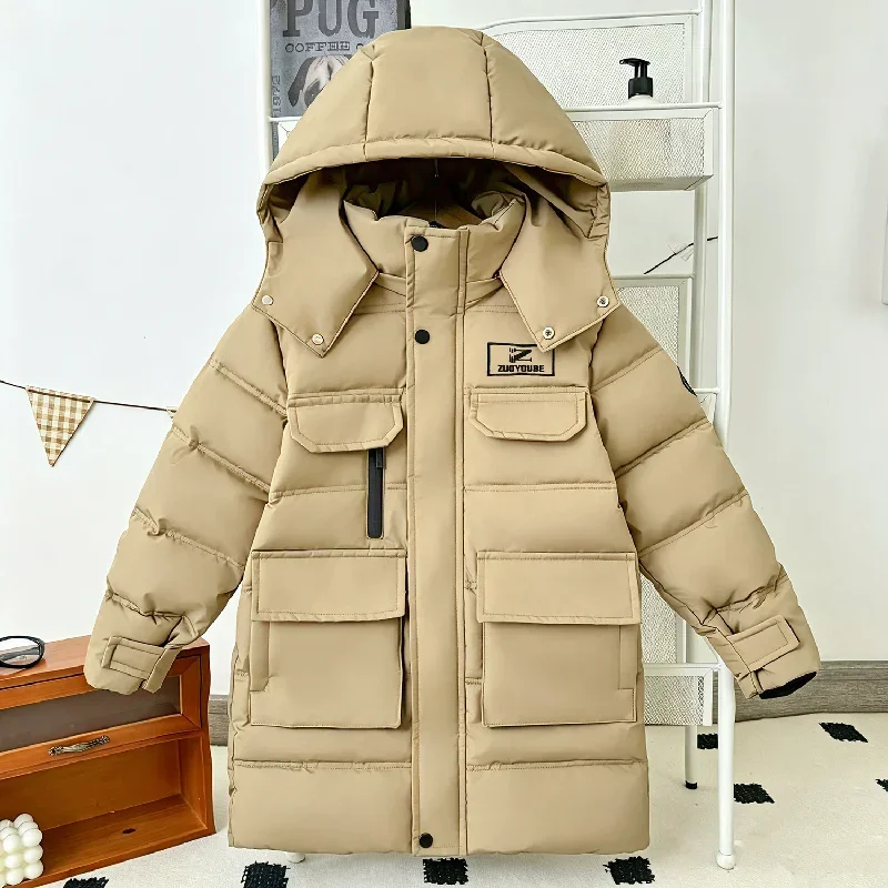 Boys Windproof Long Jackets -30℃ Winter Kids Thick Warm Parka Outerwear Children Cargo Pocket Zipper Snowsuit Coat 5-12 Years
