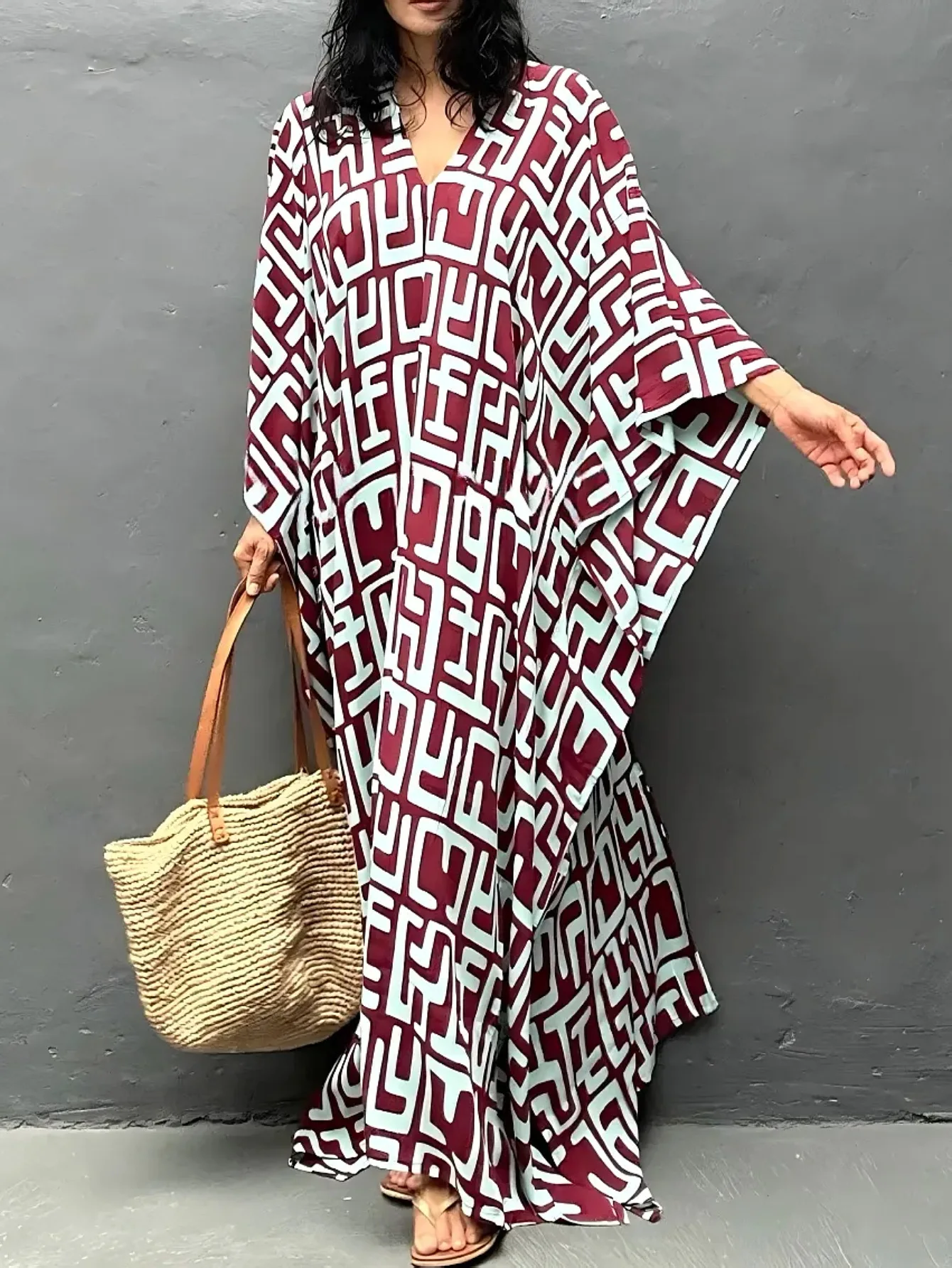 2026 New Kaftan Dresses for Women Wave Neck Swimsuit Cover Up Caftan Dress Plus Size Oversized Long Beach Dress