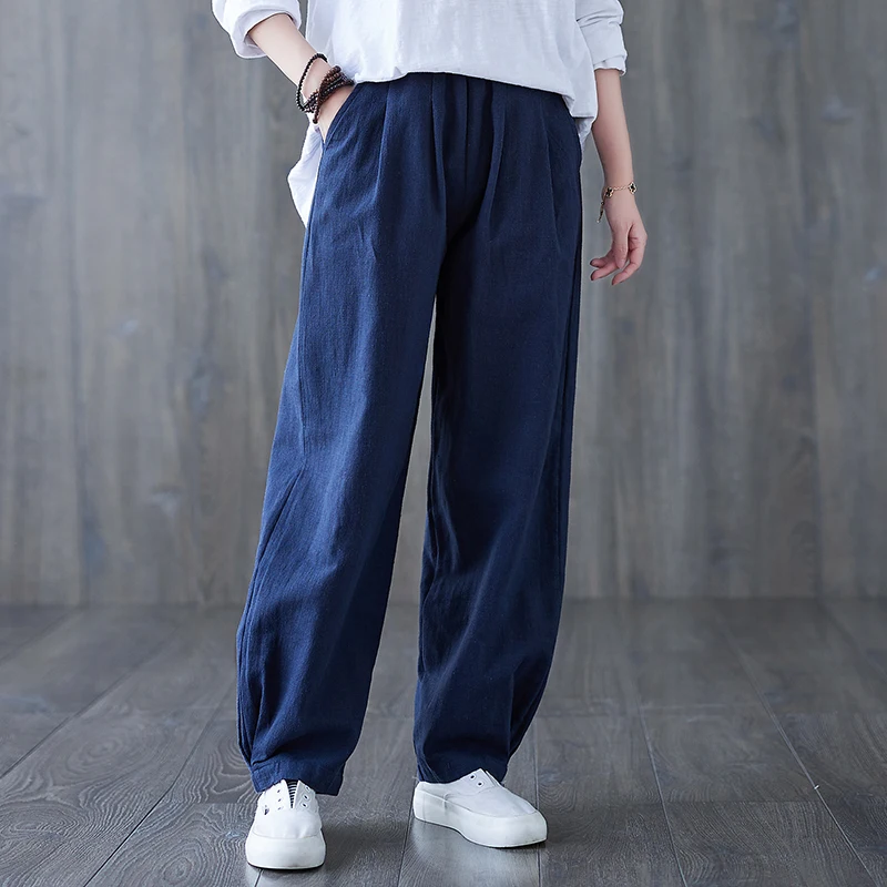 Luźne damskie spodnie z lnu i bawełny, spodnie typu harlan, długie spodnie wyszczuplające z szerokimi nogawkami, wygodne, codzienne, w stylu koreańskim.