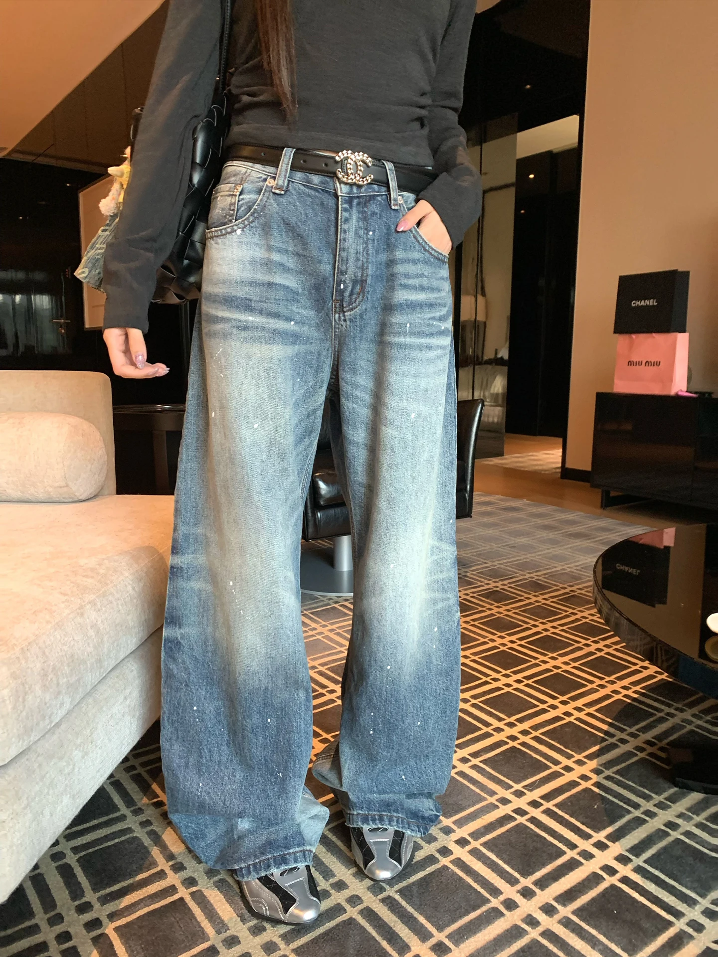 

Джинсы Waed Denim женские свободного кроя с широкими штанинами, винтажный дизайн с эффектом брызг чернил, хлопковая ткань, для зимнего сезона, повседневная одежда