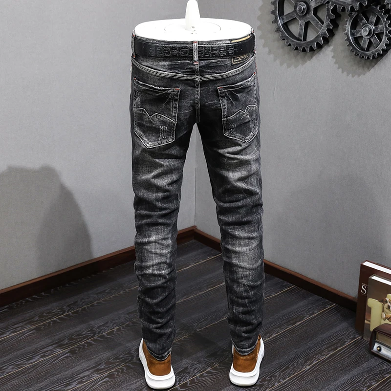 Italian Style Fashion Men Jeans Retro Black Gray Stretch Slim Fit Ripped Jeans Men Vintage Designer Casual Denim Pants Hombre
